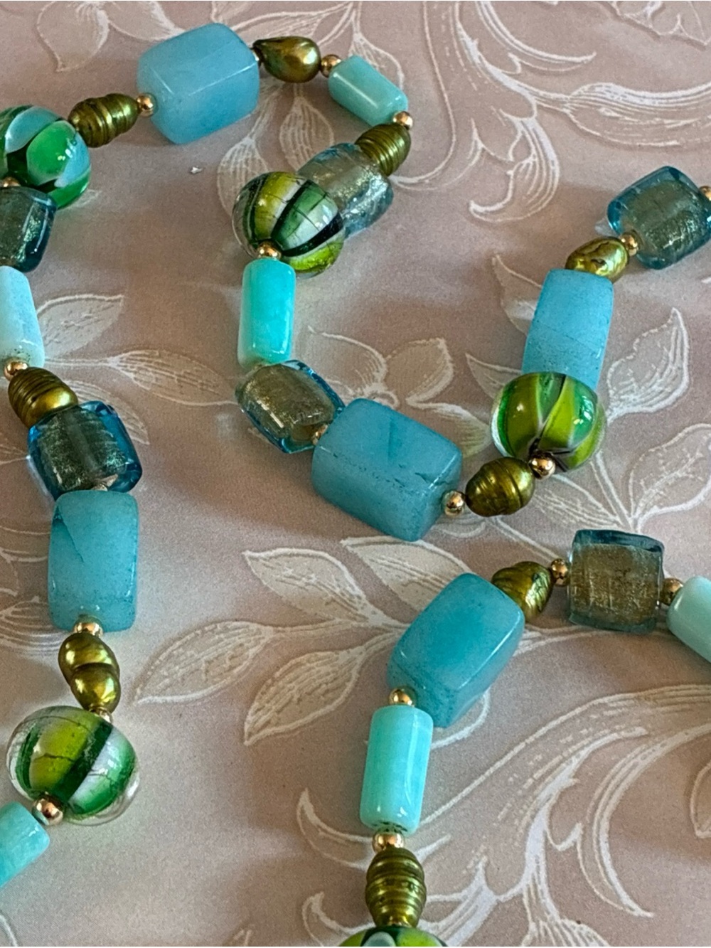 Hand crafted necklace with stone, pearl, and art glass beads in aqua and green - Picture 6 of 7